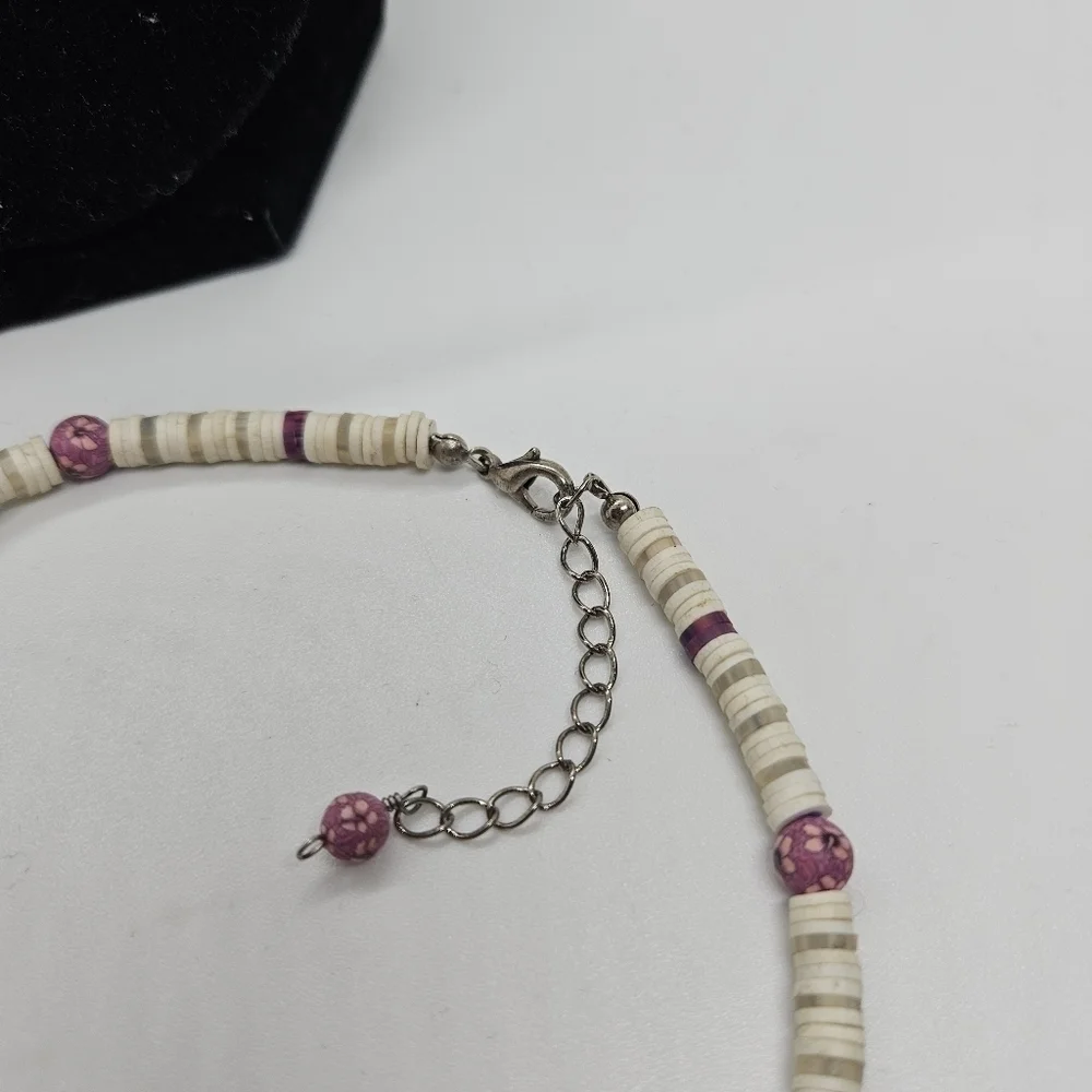 heshi bead necklace with pink purple flower polymer beads